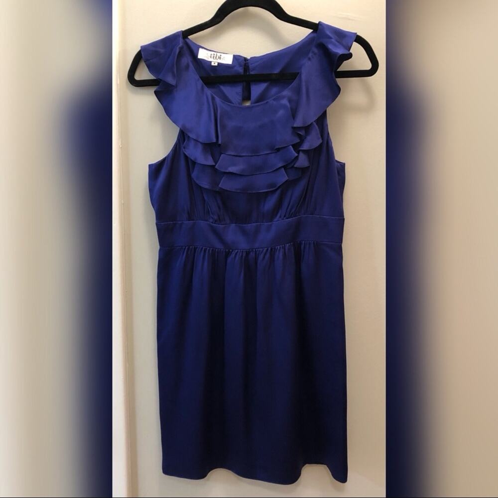 Tibi Navy Blue Silk Ruffle Mini Dress